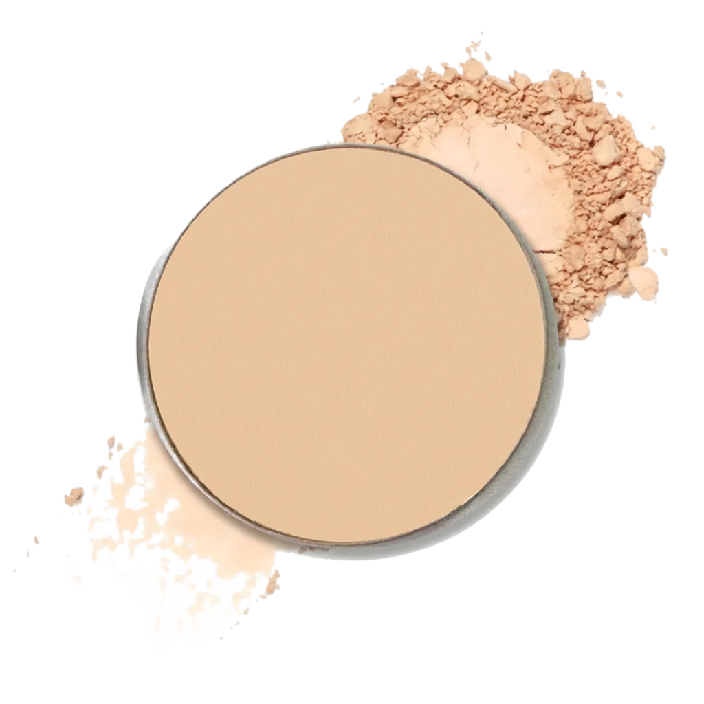 A round makeup compact filler filled with light beige powder, shown with loose powder scattered around it.